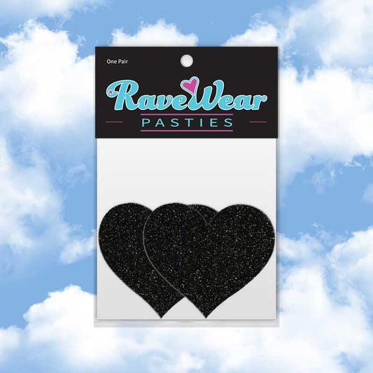 Packaged Glitter Heart Brilliant Black Pasties on a cloudy background